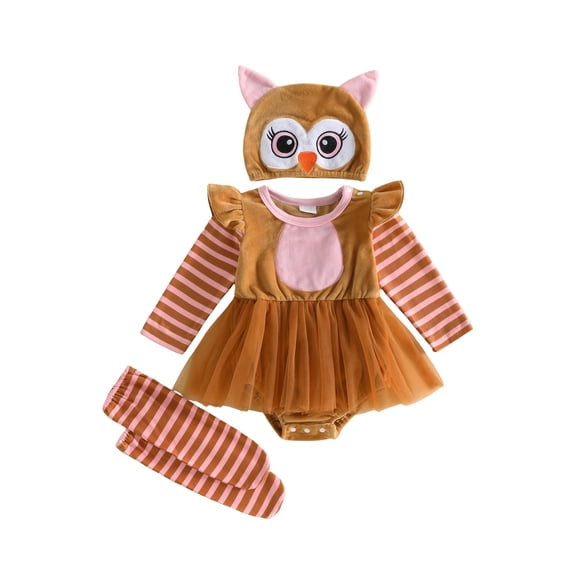 RUINIXCW Newborn Baby Girl Owl Dress Halloween Outfit Infant Baby Girls Velvet Romper Dress Cute Baby Owl Costume Long Sleeve Striped Tulle Dress Hat Leg Warmers 3pcs Set