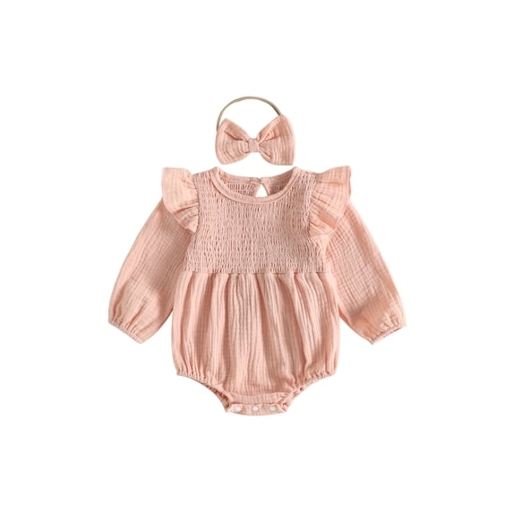 RUINIXCW Newborn Baby Girl Smocked Bubble Romper Infant Girls Spring Fall Winter Clothes Cotton Lien Outfit Puff Long Sleeve Bodysuit Headband Set