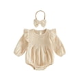thumbnail image 1 of RUINIXCW Newborn Baby Girl Smocked Bubble Romper Infant Girls Spring Fall Winter Clothes Cotton Lien Outfit Puff Long Sleeve Bodysuit Headband Set, 1 of 10