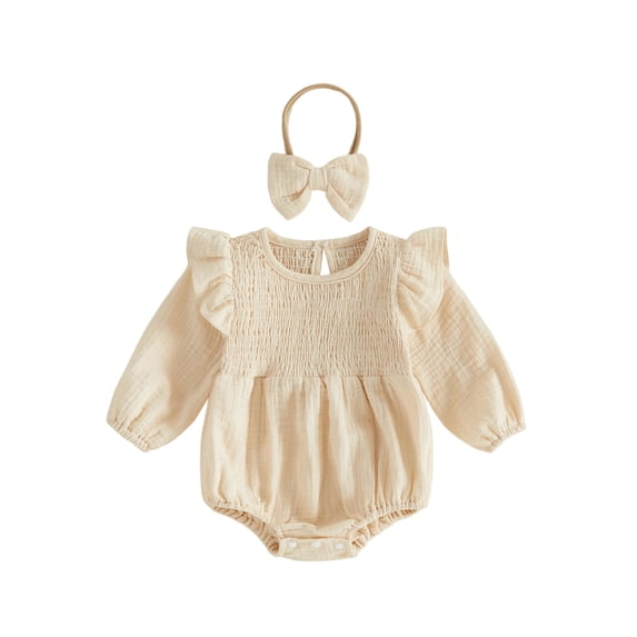 RUINIXCW Newborn Baby Girl Smocked Bubble Romper Infant Girls Spring Fall Winter Clothes Cotton Lien Outfit Puff Long Sleeve Bodysuit Headband Set