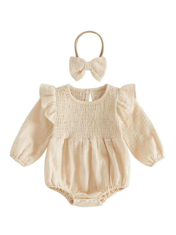 Newborn Baby Girl Smocked Bubble Romper Infant Girls Spring Fall Winter Clothes Cotton Lien Outfit Puff Long Sleeve Bodysuit Headband Set