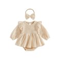 thumbnail image 1 of RUINIXCW Newborn Baby Girl Smocked Romper Dress Infant Girls Spring Fall Winter Clothes Cotton Lien Outfit Puff Long Sleeve Bodysuit Headband Set, 1 of 10