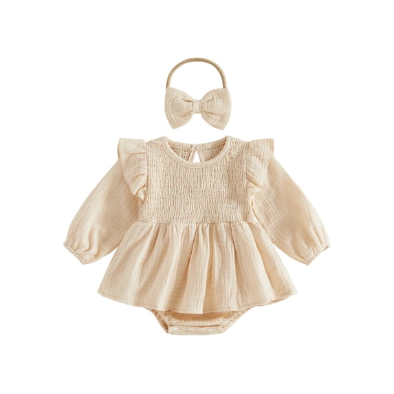 RUINIXCW Newborn Baby Girl Smocked Romper Dress Infant Girls Spring Fall Winter Clothes Cotton Lien Outfit Puff Long Sleeve Bodysuit Headband Set