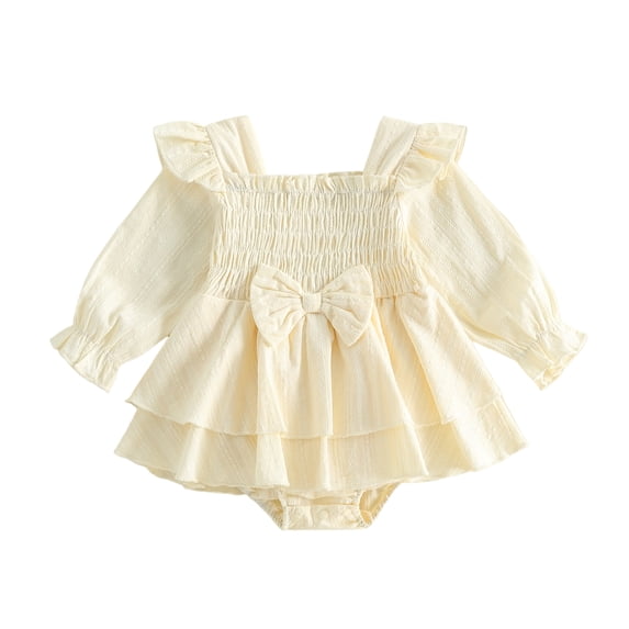 RUINIXCW Newborn Baby Girl Smocked Romper Dress Princess Birthday Baptism Wedding Party Dress Infant Baby Girls Spring Fall Clothes Square Neck Puff Long Sleeve Ruffled Dress