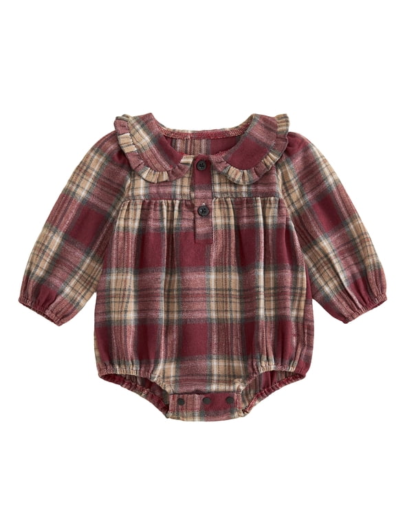 Newborn Baby Girl Spring Fall Clothes Gingham Plaid Bubble Romper One Piece Outfit 0 3 6 9 12 18 Months Sweet Long Sleeve Button Front Doll Collar Jumpsuit Playsuit