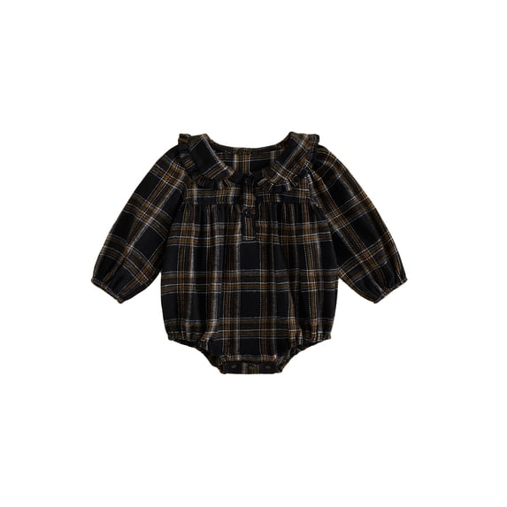 RUINIXCW Newborn Baby Girl Spring Fall Clothes Gingham Plaid Bubble Romper One Piece Outfit 0 3 6 9 12 18 Months Sweet Long Sleeve Button Front Doll Collar Jumpsuit Playsuit