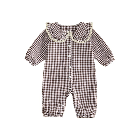 RUINIXCW Newborn Baby Girl Spring Fall Clothes Infant Girls Plaid Gingham Outfit One Piece Romper 0 3 6 12 18 Months Ruffled Doll Collar Long Sleeve Button Down Jumpsuit