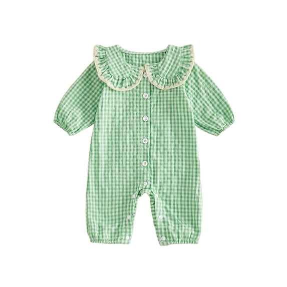 RUINIXCW Newborn Baby Girl Spring Fall Clothes Infant Girls Plaid Gingham Outfit One Piece Romper 0 3 6 12 18 Months Ruffled Doll Collar Long Sleeve Button Down Jumpsuit