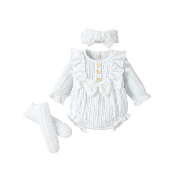 RUINIXCW Newborn Baby Girl Spring Fall Winter Baptism Outfit Princess Bubble Romper Vintage Baby Girl Clothes Textured Long Sleeve Button Front Ruffled Playsuit Socks Headband Set