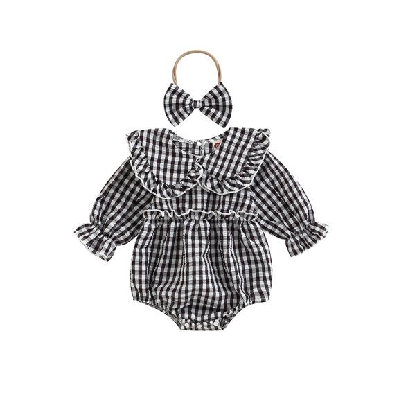 RUINIXCW Newborn Baby Girl Spring Fall Winter Clothes Gingham Plaid Bubble Romper Infant Girl Outfit Peter Pan Collar Long Sleeve Bodysuit Headband