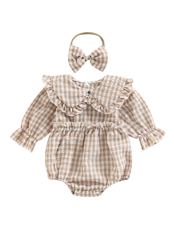 Newborn Baby Girl Spring Fall Winter Clothes Gingham Plaid Bubble Romper Infant Girl Outfit Peter Pan Collar Long Sleeve Bodysuit Headband