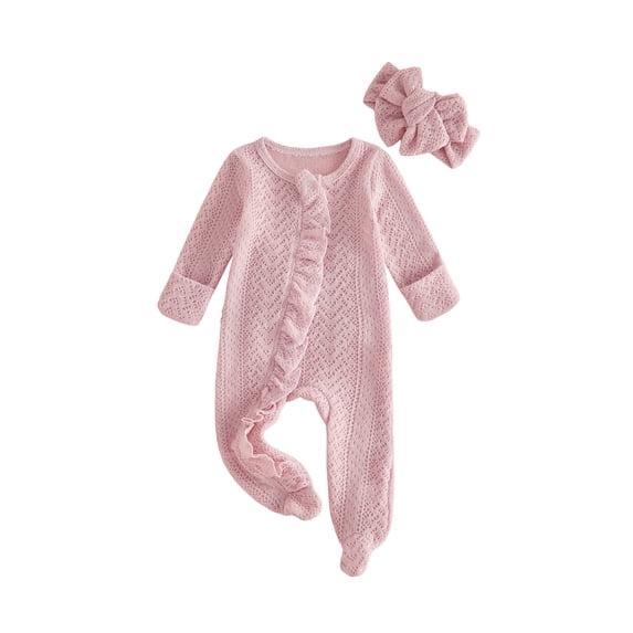 RUINIXCW Newborn Baby Girl Spring Fall Winter Clothes Outfit Knitted Footed Romper Long Sleeve Crew Neck Frills Zipped Footie Jumpsuit and Headband