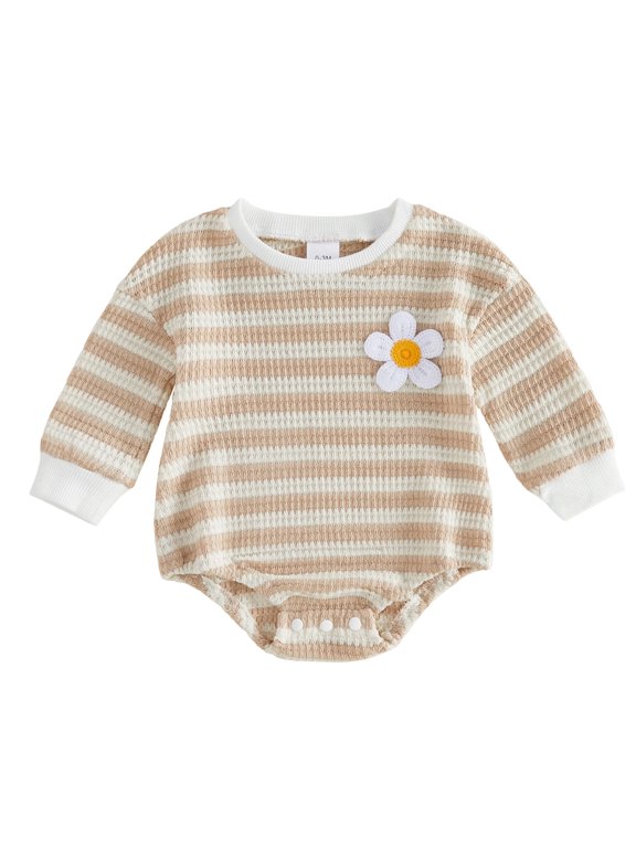 Newborn Baby Girl Spring Fall Winter Outfit Bubble Romper 3D Flower Waffled Striped Long Sleeve Bodysuit Infant Baby Girl Essentials Clothes