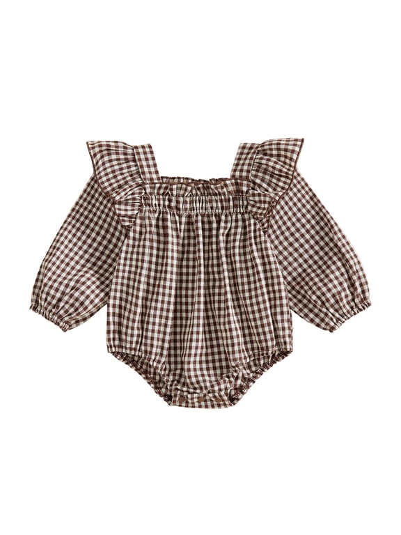 Newborn Baby Girl Spring Fall Winter Outfit Plaid Gingham Bubble Romper Infant Girl Clothes Long Sleeve Square Neck Sweet Bodysuit Playsuit