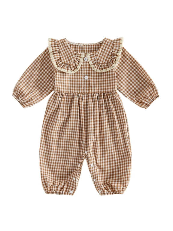 Newborn Baby Girl Spring Fall Winter Outfit Plaid Gingham Bubble Romper Infant Girl Clothes Peter Pan Collar Long Sleeve Jumpsuit Playsuit