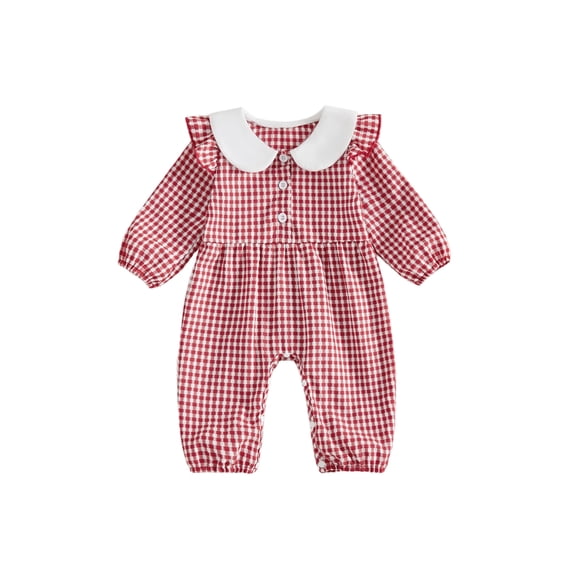 RUINIXCW Newborn Baby Girl Spring Fall Winter Outfit Plaid Gingham Romper Peter Pan Collar Long Sleeve Jumpsuit Infant Baby Girl Essentials Clothes