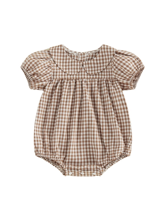 Newborn Baby Girl Spring Summer Fall Clothes Plaid Gingham Bubble Romper 0 3 6 9 12 18 Months Sweet Infant Short Sleeve Doll Collar Bodysuit Jumpsuit Playsuit