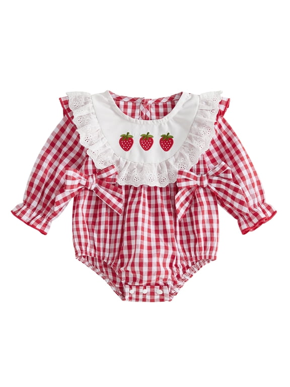Newborn Baby Girl Strawberry Outfit Gingham Plaid Bubble Romper Infant Girls Spring Fall Clothes Embroidery Lace Ruffles Bodysuits Jumpsuits