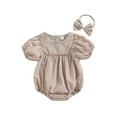 thumbnail image 1 of RUINIXCW Newborn Baby Girl Summer Clothes Infant Baby Girls Gingham Plaid Outfits Bubble Romper Puff Short Sleeve Bodysuit Playsuit with Headband Set, 1 of 9