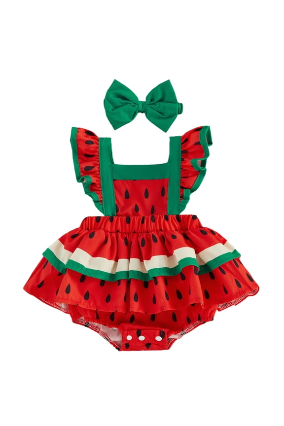 Newborn Baby Girl Summer Clothes Watermelon Romper Dress Outfit Watermelon Print Fly Sleeve Bodysuit Playsuit Ruffled Dress with Bowknot Hairband