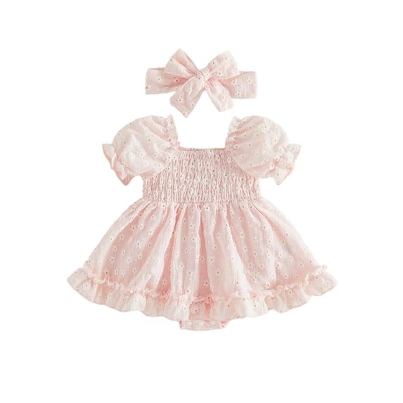 RUINIXCW Newborn Baby Girl Summer Romper Dress 0 3 6 12 18 Months Cute Floral Embroidery Ruffled Smocked Dress Square Neck Short Bubble Sleeve Jumpsuit Playsuit Headband