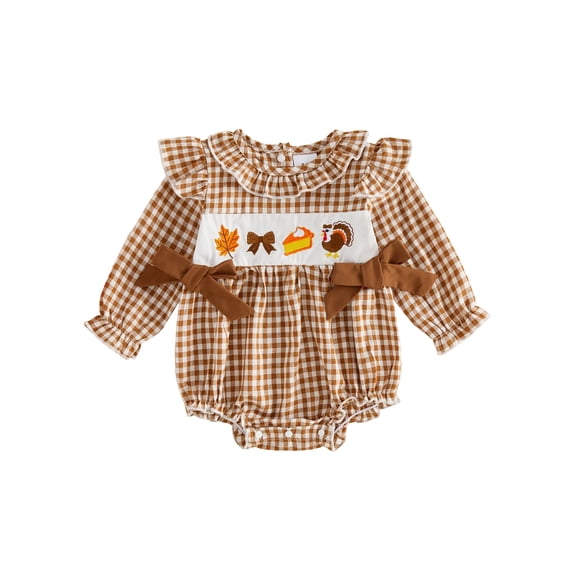 RUINIXCW Newborn Baby Girl Thanksgiving Outfit Fall Winter Clothes Gingham Plaid Bubble Romper Turkey Embroidery Long Sleeve Bow Playsuit Jumpsuit