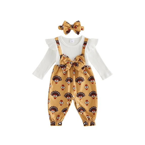 RUINIXCW Newborn Baby Girl Thanksgiving Outfit Infant Baby Girls Fall Winter Clothes Ribbed Romper Turcky Print Long Sleeve Fake 2-Pieces Patchwork Jumpsuit Headband