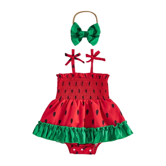 RUINIXCW Newborn Baby Girl Watermelon Romper Dress Summer Clothes Outfit 0 3 6 12 18 Months Strap Tie-Up Smocked Dress and Headband 2 Piece Set