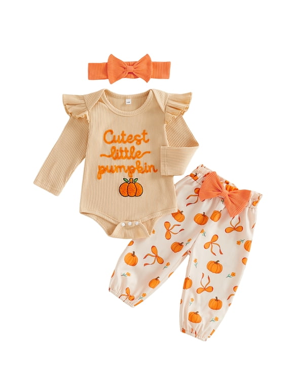 Newborn Baby Girls My First Halloween Outfit Fall Winter Clothes Funny Letter Pumpkin Ghost Embroidery Ribbed Long Sleeve Romper and Pants Headband Set