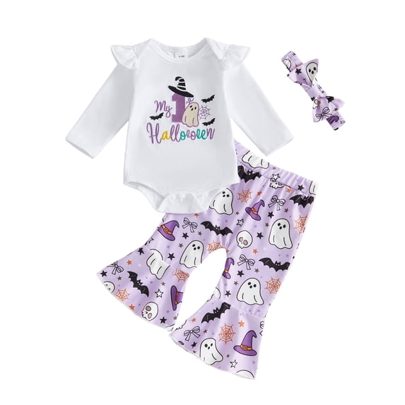 RUINIXCW Newborn Baby Girls My First Halloween Outfit Fall Winter Clothes Ghost Embroidery Long Sleeve Romper and Bell Bottom Flare Pants Headband Set