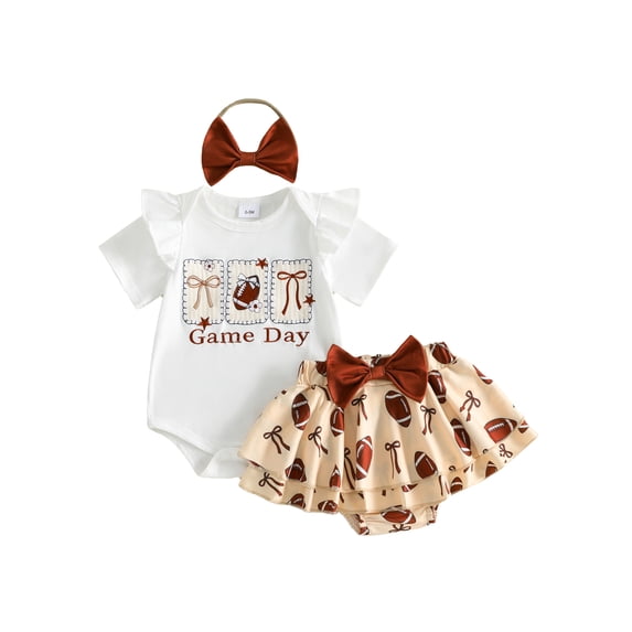 RUINIXCW Newborn Baby Girls Football Game Day Outfit Infant Baby Girl Summer Fall Clothes Rugby Short Sleeve Romper and Bow Ruffles Skirt Headband Set