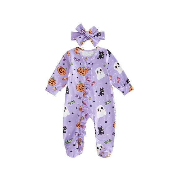 RUINIXCW Newborn Baby Girls Halloween Outfit Fall Winter Footed Romper Clothes Pumpkin Ghost Print Ruffled Zipper Footie Jumpsuits Headband Set
