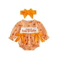 thumbnail image 1 of RUINIXCW Newborn Baby Girls Halloween Outfit Gingham Plaid Bubble Romper Long Sleeve Ghost Witch Hat Pumpkin Print Smocked Bodysuit Playsuit with Headband, 1 of 9