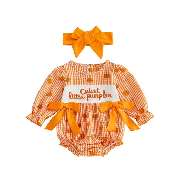 RUINIXCW Newborn Baby Girls Halloween Outfit Gingham Plaid Bubble Romper Long Sleeve Ghost Witch Hat Pumpkin Print Smocked Bodysuit Playsuit with Headband