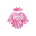 thumbnail image 1 of RUINIXCW Newborn Baby Girls Halloween Outfit Gingham Plaid Bubble Romper Long Sleeve Ghost Witch Hat Pumpkin Print Smocked Bodysuit Playsuit with Headband, 1 of 9