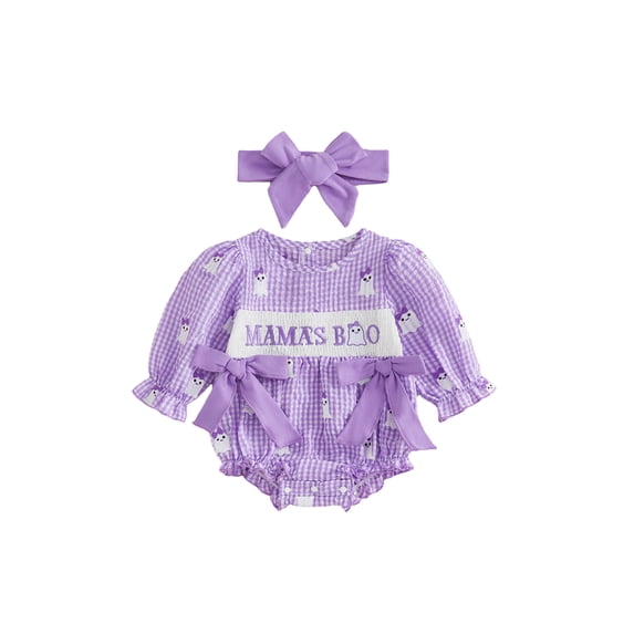 RUINIXCW Newborn Baby Girls Halloween Outfit Gingham Plaid Bubble Romper Long Sleeve Ghost Witch Hat Pumpkin Print Smocked Bodysuit Playsuit with Headband