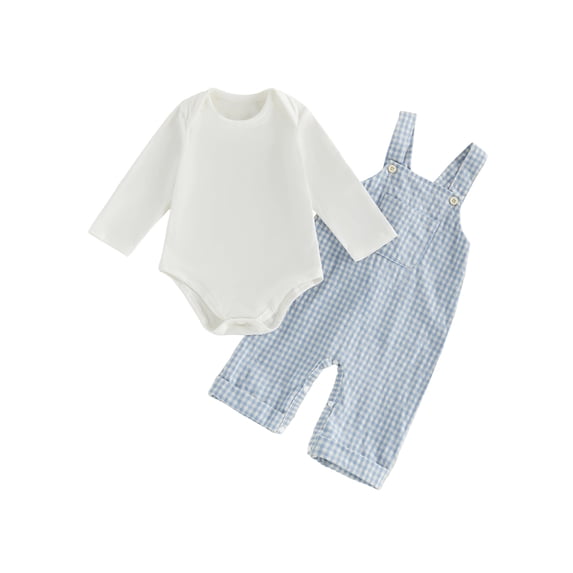 RUINIXCW Newborn Boy Girl Spring Fall Clothes Infant Baby Boys Girls 2 Pieces Outfit Long Sleeve White Romper Plaid Print Bib Overall Pants Set