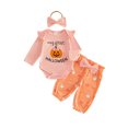 thumbnail image 1 of RUINIXCW Newborn Girl My First Halloween Outfit Infant Girls Fall Winter Clothes Pumpkin Letter Printed Ruffled Long Sleeve Romper Pants Headband Set, 1 of 10