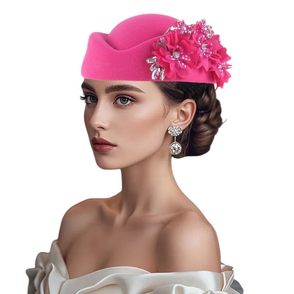 RUINIXCW Pillbox Church Hats for Women Pillbox Hat with Flowers British Hats Vintage Felt Berets Fascinator Tea Party Hat Cap