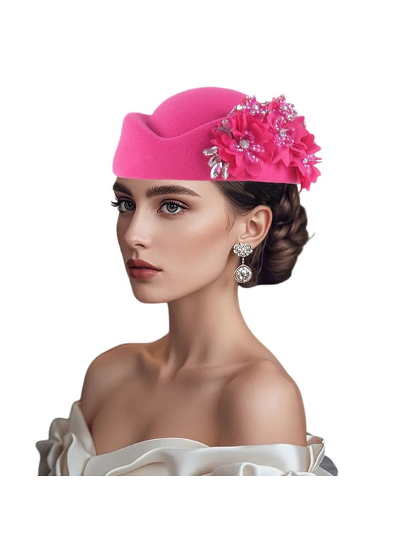 Pillbox Church Hats for Women Pillbox Hat with Flowers British Hats Vintage Felt Berets Fascinator Tea Party Hat Cap