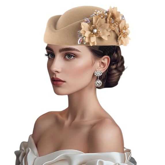 RUINIXCW Pillbox Church Hats for Women Pillbox Hat with Flowers British Hats Vintage Felt Berets Fascinator Tea Party Hat Cap