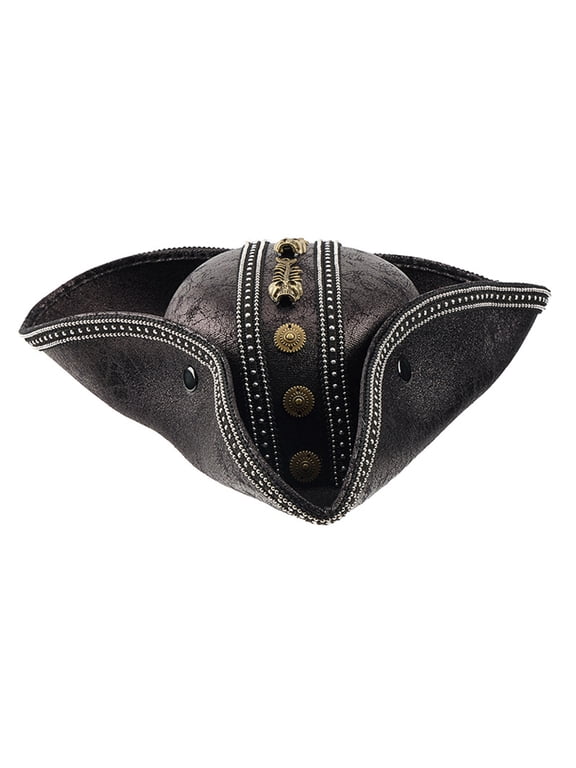 Pirate Hat, Captains Hat PU Leather Tricorn Hat for Men and Women Vintage Pirate Costume Cosplay Accessories for Halloween Theme Parties