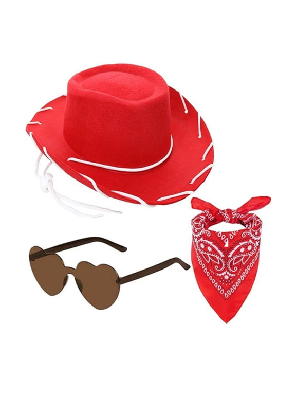 Red Cowgirl Hat for Women Men Adult Cowboy Hat with Bandanas and Sunglasses Western Cowgirl Party Costume 3 Pcs Set