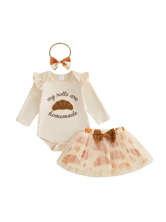 My Rolls Are Homemade Newborn Baby Girl Thanksgiving Outfit Infant Baby Girls Fall Winter Clothes Long Sleeve Romper and Tulle Skirts Headband Set