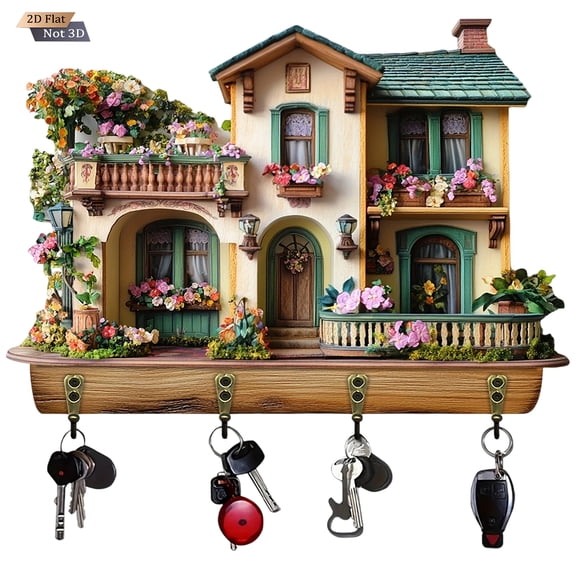 RUINIXCW Rustic Key Holder for Wall, 2D Flat Farmhouse Wall Shelf with 4 Hooks, Wall Mounted Key Racks, Wooden Hanging Rack Organizer with Hooks for Entryway Door Easy Install