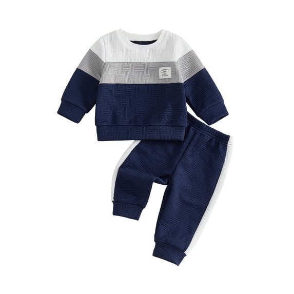 RUINIXCW Toddler Baby Boy Fall Winter Clothes Infant Baby Boys 2 Pieces Outfit Textured Contrast Color Long Sleeve Crewneck Sweatshirts and Joggers Pants Set