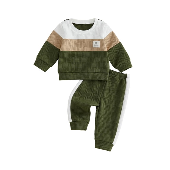 RUINIXCW Toddler Baby Boy Fall Winter Clothes Infant Baby Boys 2 Pieces Outfit Textured Contrast Color Long Sleeve Crewneck Sweatshirts and Joggers Pants Set