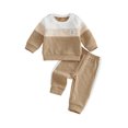 thumbnail image 1 of RUINIXCW Toddler Baby Boy Fall Winter Clothes Infant Baby Boys 2 Pieces Outfit Textured Contrast Color Long Sleeve Crewneck Sweatshirts and Joggers Pants Set, 1 of 9