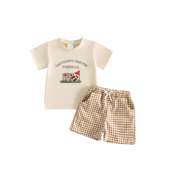 RUINIXCW Toddler Baby Boy Football Outfit Infant Baby Boys Summer Fall Clothes Saturday Are For Football Letters Print Short Sleeve T-shirt and Plaid Shorts Set