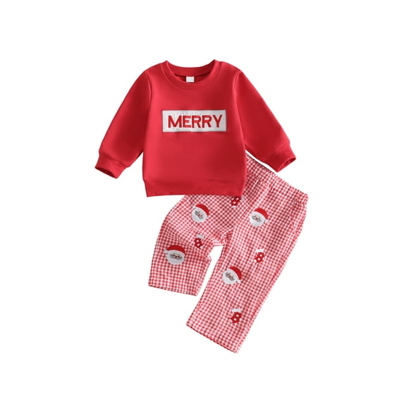 RUINIXCW Toddler Baby Boy Girl Christmas Outfit Infant Baby Boys Girls Fall Winter Clothes Long Sleeve Sweatshirt with Santa Embroidery Plaid Pants Set